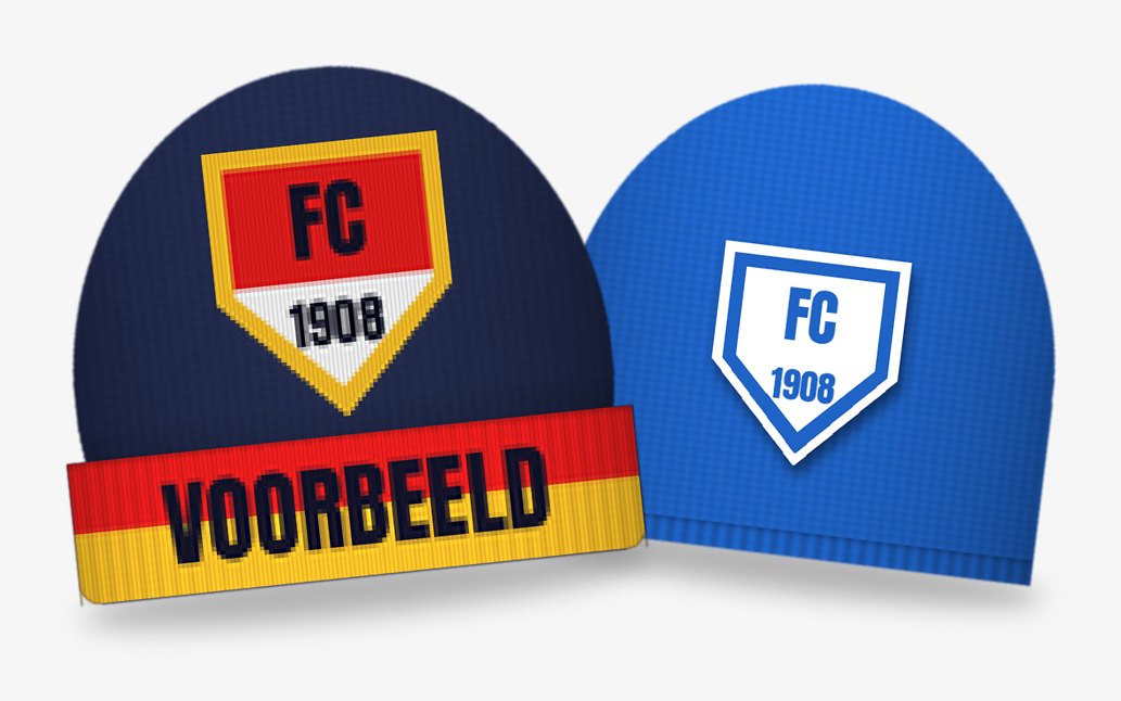 Voorbeeld van een gebreide muts met omslag en een muts met badge